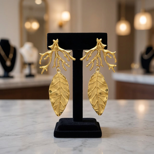 Textured Gold <b>Coral</b> Branch Leaf Drop Earrings Oversized Brushed Gold Big Leaf Dangle Ethnic Engagement Party 18K Gold Plated - Product Image 2