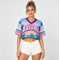 Maillot de baseball court personnalisé pour femme avec motif dégradé par sublimation, col en V, manches courtes, idéal pour les matchs d'équipe et les festivals
