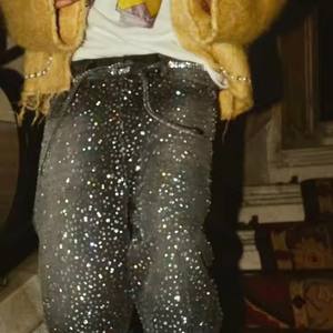 Pantaloni Vintage in Denim a gamba larga con strass lucido per uomo <span class=keywords><strong>abbigliamento</strong></span> <span class=keywords><strong>Streetwear</strong></span> con coulisse lungo per produttore - Product Image 3