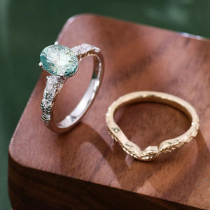 ヴィンテージ刻印10kゴールドリングセット2.5カラットオーバルターコイズモアッサナイトウェディングリングソリッドゴールドウェディングバンドレディースジュエリー - Product Image 4