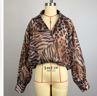 Chemisier court ample décontracté en mousseline pour femme à imprimé léopard, manches longues bouffantes et col à revers, personnalisable avec logo – Vente en gros