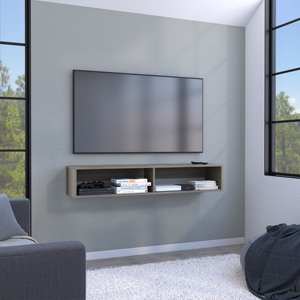 Warrior 59 Inch Floating <b>Tv</b> Stand With Two Open <b>Shelves</b> Media Compartments Light Gray - Product Image 1