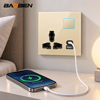 BAOBEN86 Type Interrupteur mural multifonctionnel USB+C avec anneau LED réinitialisable en verre trempé doré