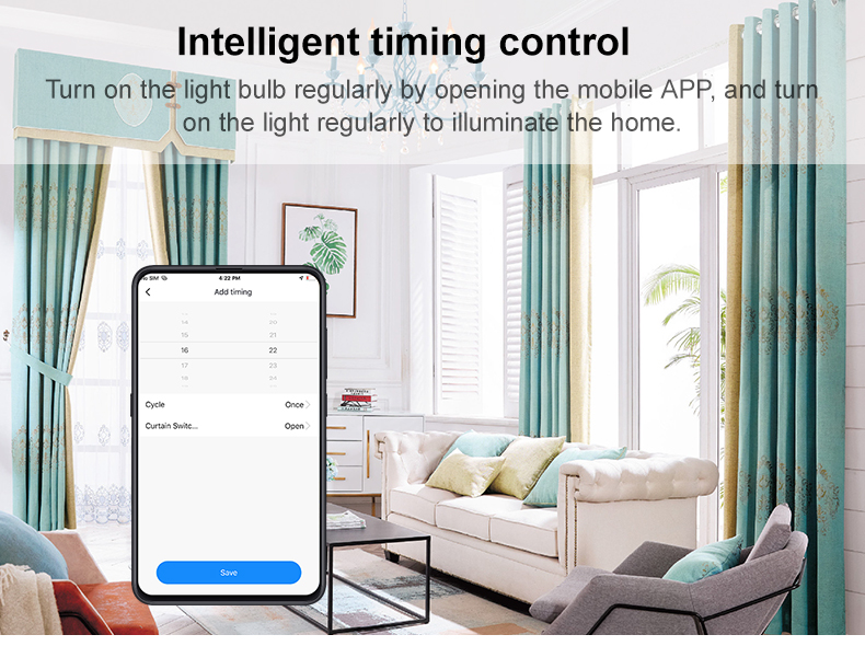 Intelligent timing control Turn on the light bulb regularly by opening the mobile APP, and turnon the light regularly to illuminate the home.