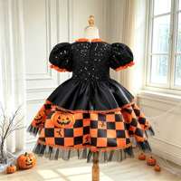 Robe de déguisement d'Halloween pour enfants, motif citrouille, orange et noir, avec manches bouffantes et jupe en tulle à volants, tenue de fête cosplay pour fillette