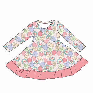 Qingli ODM Custom Factory NO Tariff Custom Bat Pattern Prints with <strong>Ruffle</strong> <strong>All</strong> Season Girls Long-sleeve Twril <strong>Dress</strong> - Product Image 3