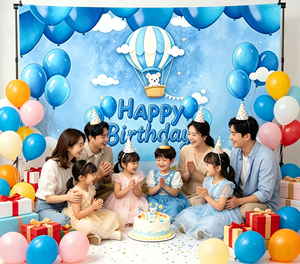 Toile de fond d'anniversaire ballon à air chaud bleu, fond photo ours mignon volant dans les nuages pour le premier anniversaire des garçons, décoration de baby shower - Product Image 2