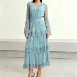 Robe longue plissée en tulle bleu clair sur mesure, col en V, dentelle à volants, manches longues, élégante pour <span class=keywords><strong>mariage</strong></span>, soirée, fête, robes pour femmes - Product Image 1