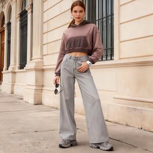 TKAN531D Sweat à capuche ample personnalisé pour femme en molleton 100% coton, style vintage, délavé à l'acide, effet vieilli, couleur contrastante, avec poches - Product Image 1