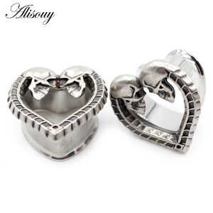 Alisouy 2 piezas de acero inoxidable corazón calavera cabeza oreja Piercing túneles expansores cuerpo joyería pendiente Flare calibres camillas 8-25mm - Product Image 3