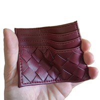 Dompet Kartu Minimalis Wanita Burgundy Tipis, Dompet Kartu Kulit PU Anyaman untuk Wanita, Produsen Dompet Kartu Mewah Wanita