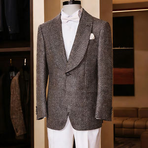 <span class=keywords><strong>Blazer</strong></span> a <span class=keywords><strong>Cuadros</strong></span> Marrón Tierra para Hombre, Traje con Cuello Chal, Corte Entallado de Lana, Estilo Personalizado para Eventos Sofisticados - Product Image 3