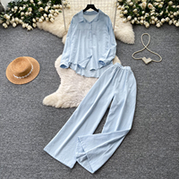Ensemble deux pièces décontracté pour femme : chemise à revers à manches longues boutonnée et pantalon large, tenue ample pour l'automne et les trajets quotidiens