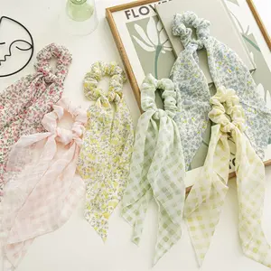 도매 한국의 새로운 스타일 꽃 패브릭 헤어 넥타이 신선한 격자 무늬 탄성 Scrunchies 스카프 헤어 액세서리 여성용