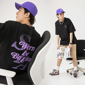 เสื้อยืดพิมพ์ลายพัฟฟ์ทรงโอเวอร์ไซส์สำหรับผู้ชาย แขนเสื้อแบบดรอปโชว์เดอร์ ผ้าฝ้าย 100% คอทรงโอ น้ำหนักผ้า 200 กรัม ผ้าถัก ระบายอากาศได้ดี สีพื้น - Product Image 1