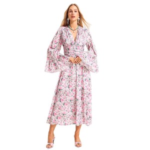 Vestido de Verano con Estampado Floral, Cuello en V, Manga Larga, Cintura Ajustada, Informal y Transpirable - Product Image 5