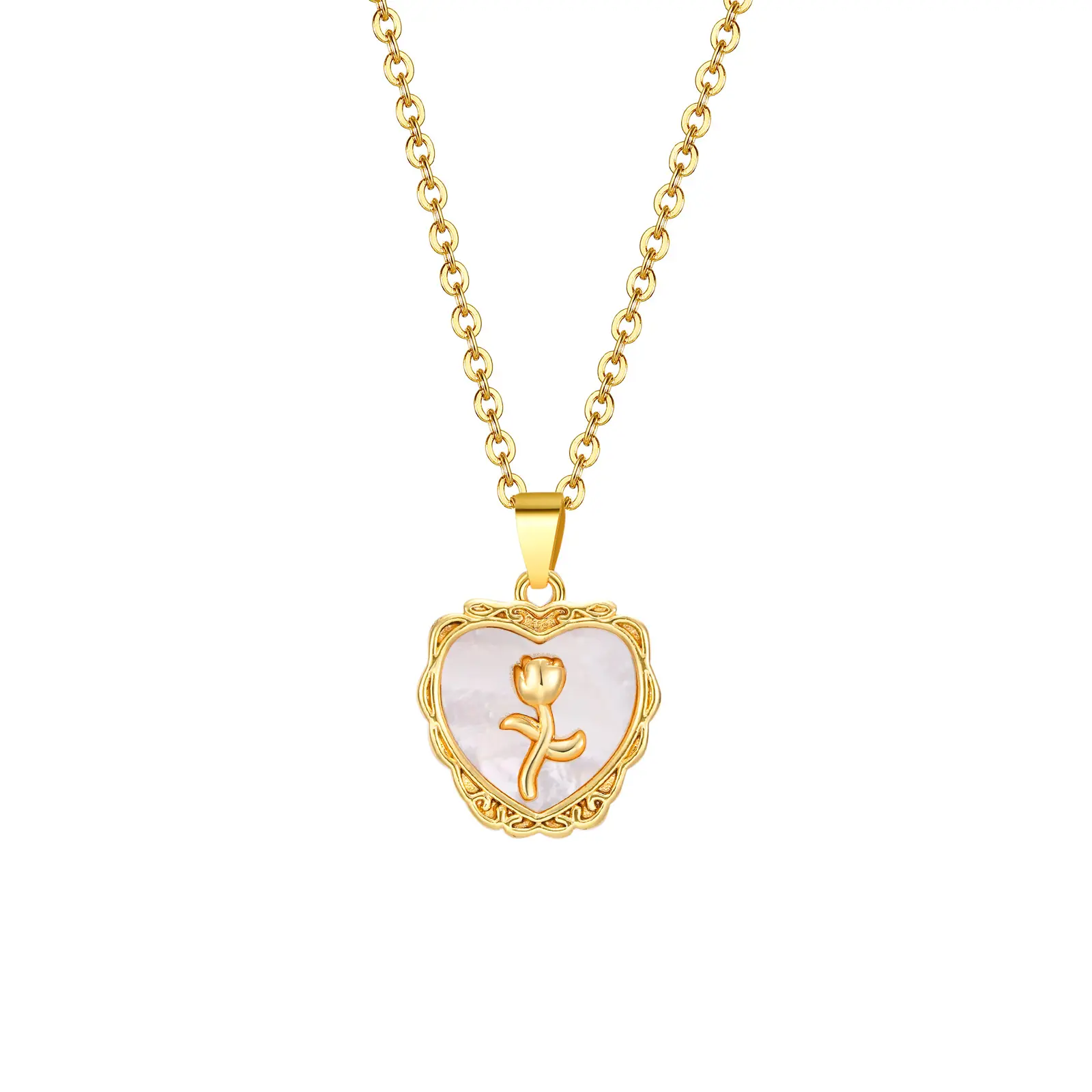 Collar con colgante de flor de concha rosa en forma de corazón de oro de moda para mujer