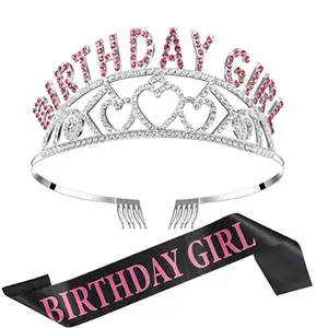 QAKGL princesa feliz aniversário coroas e Sash para adultos Rose Gold aniversário Crown e Sash Kit