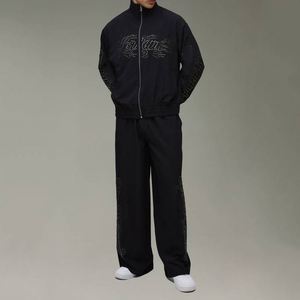 Black Rhinestone Hooded Collar Printed Winter Jacket Wide Leg <b>Pants</b> Custom Men Two-Piece Sweatsuit - Product Image 4