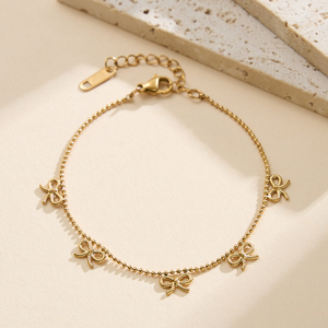 2026 316L Stainless Steel Bow <b>Charm</b> Beaded Chain <b>Bracelet</b> Gold & <b>Silver</b> Plated Adjustable Trendy Jewelry for Daily Wear - Product Image 3