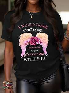 T-Shirt Nera da Donna a Maniche Corte con Collo Tondo, 200g Cotone, Stampa Floreale con Citazione Ispiratrice, per Uso Quotidiano Casual - Product Image 3