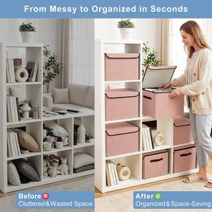 Cube de rangement pliable en tissu de lin avec couvercle rabattable et poignées, capacité de 20,6 L, design minimaliste, lot de 4 pour vêtements/couvertures - Product Image 2
