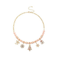 Collier de Noël pour femme – Pendentif flocon de neige, sapin, nœud, perle rose – Cadeau de fêtes pour femme – Vente en gros personnalisée