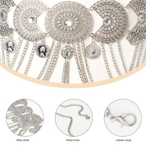 <span class=keywords><strong>Ceinture</strong></span> élastique pour femme avec chaîne, style bohème, disque <span class=keywords><strong>en</strong></span> filigrane <span class=keywords><strong>argent</strong></span>é, breloques à franges et pièces de monnaie, accessoire de taille à pampilles - Product Image 4