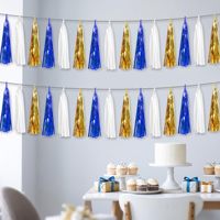 Guirnalda de Flecos Metálicos Azul Marino, Blanco y Dorado, Decoraciones para Fiestas de Despedida de Soltera, Bodas y Cumpleaños