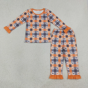 Ensemble pyjama à carreaux pour filles, robe à manches longues et pantalon, vêtements de nuit confortables, ensemble de vêtements orange - Product Image 5