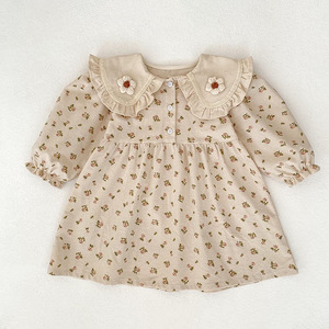 Vestido Casual de Fiesta <span class=keywords><strong>para</strong></span> <span class=keywords><strong>Niñas</strong></span> de 1 a 6 Años, Estilo Vintage, <span class=keywords><strong>Color</strong></span> <span class=keywords><strong>Beige</strong></span>, Estampado Floral, Manga Larga, Cuello con Volantes, Botones en la Parte Delantera, Algodón - Product Image 3