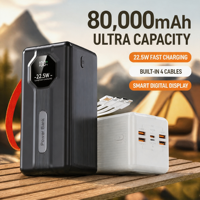 Nouvelle batterie externe haute capacité 80000mAh, charge rapide PD22.5W, affichage numérique, chargeur universel à 4 sorties USB pour les voyages