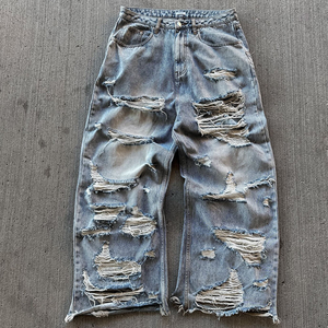 بنطلون جينز رجالي مستقيم بتصميم عتيق مخصص عالي الجودة مع غسيل حجري وتمزقات بأسلوب الشارع العصري - Product Image 5