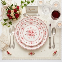 Assiettes de dîner en céramique vintage à motif de roses rouges, bord festonné, vaisselle de luxe en porcelaine, service de table pour mariage, hôtel, maison