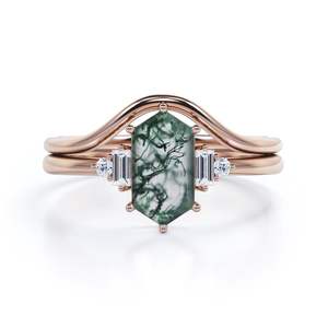 Bague de mariage et de fête classique en argent sterling 925, faite à la main, avec cinq pierres hexagonales en agate verte et moissanite de 0,8 carat - Product Image 5