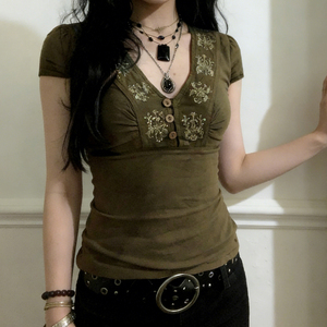 เสื้อยืดผู้หญิงคอวีพิมพ์ลายระบายแขนสั้นทรงเข้ารูปเสื้อถักลำลองแฟชั่นฤดูร้อน - Product Image 2