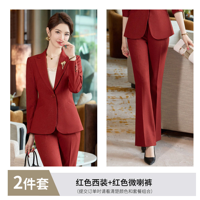 Red suit with slightly flared trousers