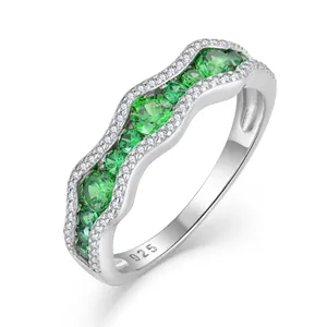 YILUN 925 Sterling Silver Rhodium Plated Green CZ Eternity Band Ring For Women Stackable Wedding Band With Wave Design