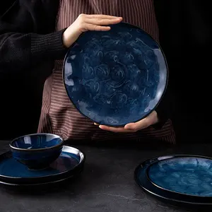 Marble Dinner Set Nordic Blue Rustic Ceramic Dinner Sets European Restaurant Crocery Dinnerware Marble Porcelain Plates Bowls Coffee Cups Mugs