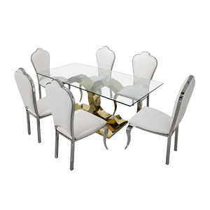 Muebles de sala de estar personalizados de lujo industrial, mesa de <span class=keywords><strong>comedor</strong></span>, juego de mesa de <span class=keywords><strong>comedor</strong></span> con tapa de cristal y patas de Metal dorado con acabado <span class=keywords><strong>cromado</strong></span> moderno - Product Image 4