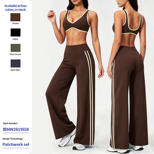 Ladies Two Piece Workout Set Solid Wide Leg Pants V Neck Sports Bra Breathable Lightweight Spandex/Nylon High Recovery Fabric