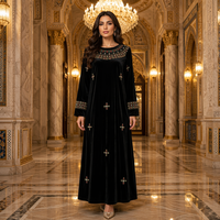 Abaya brodée à col rond, manches longues, en velours, robe de soirée maxi musulmane, robe kaftan luxueuse à perles pour mariage et fête