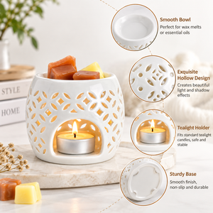 Bruciatore di Cera in Ceramica Bianca per Oli Essenziali con Design Cavo per Candele Tealight, Decorazione per Profumazione Casa - Product Image 3