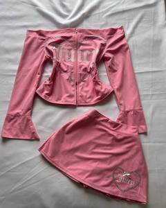 Completo gonna due pezzi con strass, <span class=keywords><strong>sexy</strong></span>, con top a maniche lunghe con cerniera e spalle scoperte, minigonna aderente, <span class=keywords><strong>abbigliamento</strong></span> casual elegante da <span class=keywords><strong>donna</strong></span> - Product Image 2