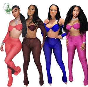 2-teiliges Set Herbst Damen bekleidung Mode Sexy Outfits Mesh Crop Tops und High Waist Pants Set Gestrickte Club Damen bekleidung - Product Image 1