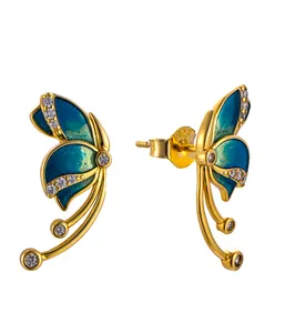 QX Custom OEM 925 Silver 18k Gold Plated Fine Fashion Jewelry Girls Luxury Zircon Dark Green Butterfly Seed Women Earrings