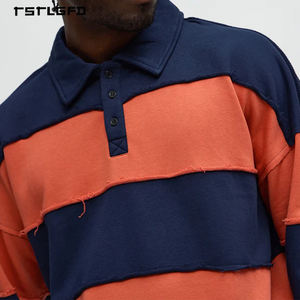 T-shirt Homme Rétro Effet Vieilli Bords Bruts Manches Longues Colorblock Épaules Tombantes Polo Rugby Streetwear Haut de Gamme - Product Image 2