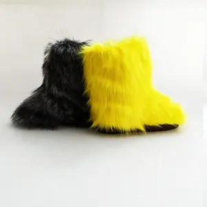 Hot sale furry fur high quality casual winter shoes ladies soft warm boots matching purse and headband sets for Women