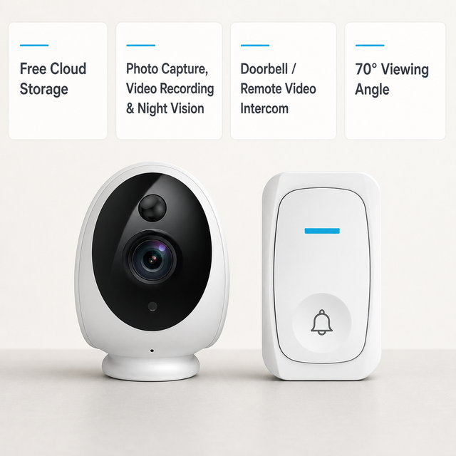 Indoor Video Doorbell Camera with Remote Intercom Free Cloud Storage Night Vision Photo Capture Recording 70° Viewing Angle