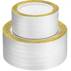 金色蕾丝设计一次性餐具用于婚礼和生日派对的盘子